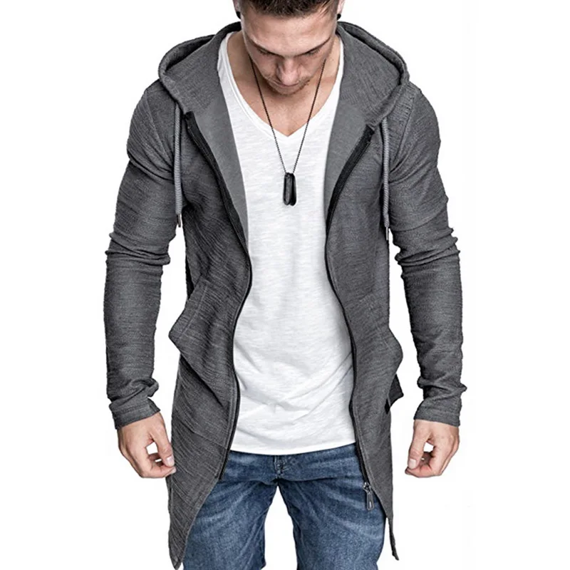 Cheap 2019 New Mens Hooded Solid Trench Coat Jacket Cardigan Irregular hem Long Sleeve Slim Fit Coat