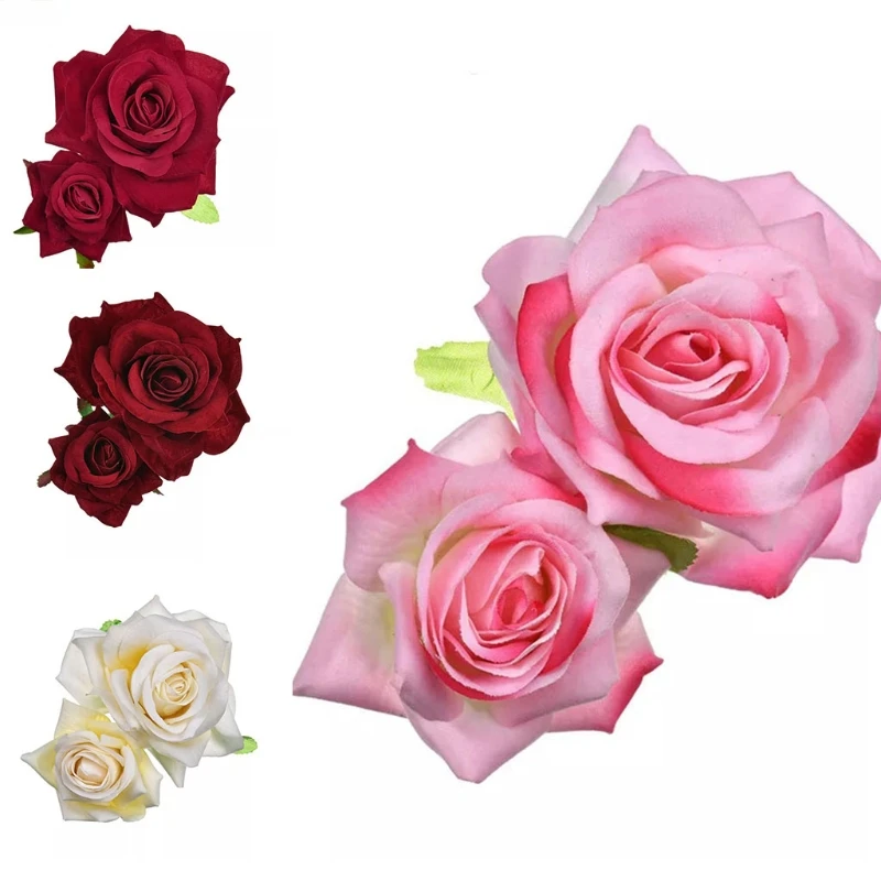 New Handmade Velvet Double Rose Flower Hair Clip Women Girls Wedding Flamenco Dancer Hairpins Bridal Bridesmaid Barrettes