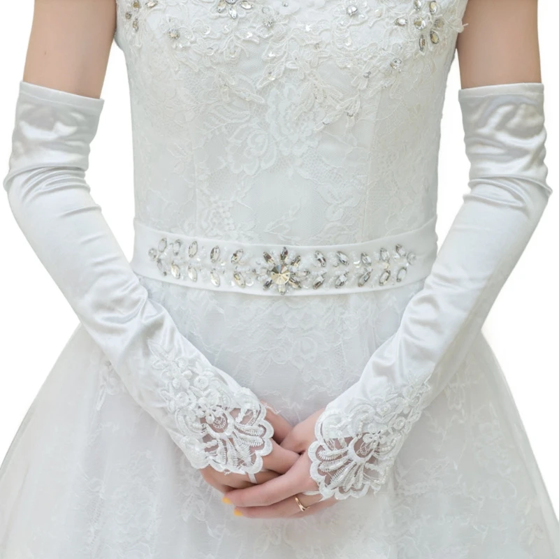 

Womens Bridal Long Gloves Fingerless Embroidery Lace Trim Beaded Sequins Wedding