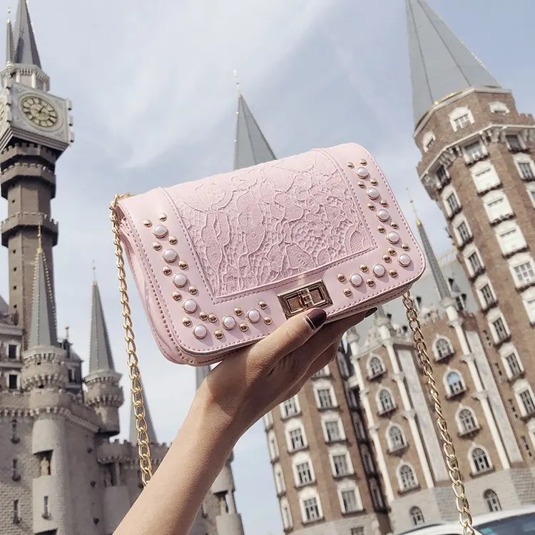 

2019ins Super Fire Summer Square Sling Bag Lace Turnlock Bag Trend of Fashion Over-the-shoulder Bag Purse