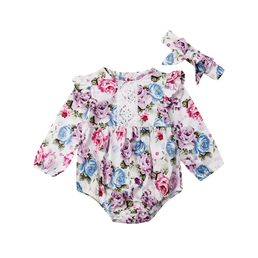 2019 Newborn Baby Girl Long Sleeve Lace Jumpsuit Bodysuit Princess Flower Striped Outfit Headband Autumn Clothes New |