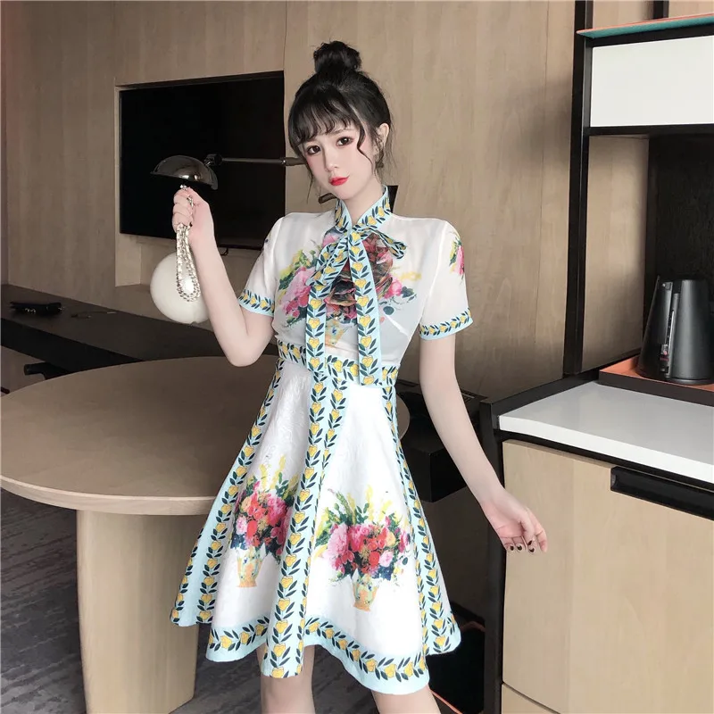 

2019 Korean-style Fashion New Style WOMEN'S Dress Debutante Graceful Retro French High-waisted Slimming Printed A- line Dress