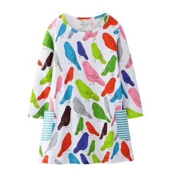 

Girls Dress with cartoon birds printed Long Sleeve Princess Dress autumn Kids Party Dresses Baby Girl Clothes