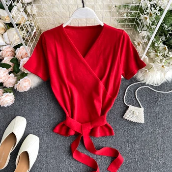 

Knitted Shirt Short-Sleeved Summer Wear for Women New Korean Elegant V-neck Lace-up High Waist Slim Short Fashion Sweater L638
