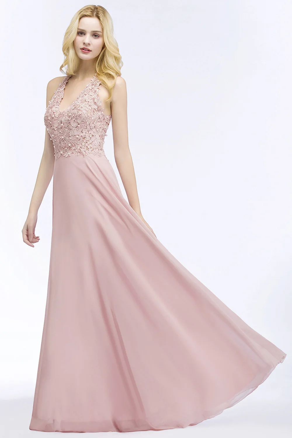

MisShow Prom Dresses For Women Party Pearl Beaded Lace Applique V-Neck Long Chiffon Formal Wedding Evening Dress Elegant Gowns