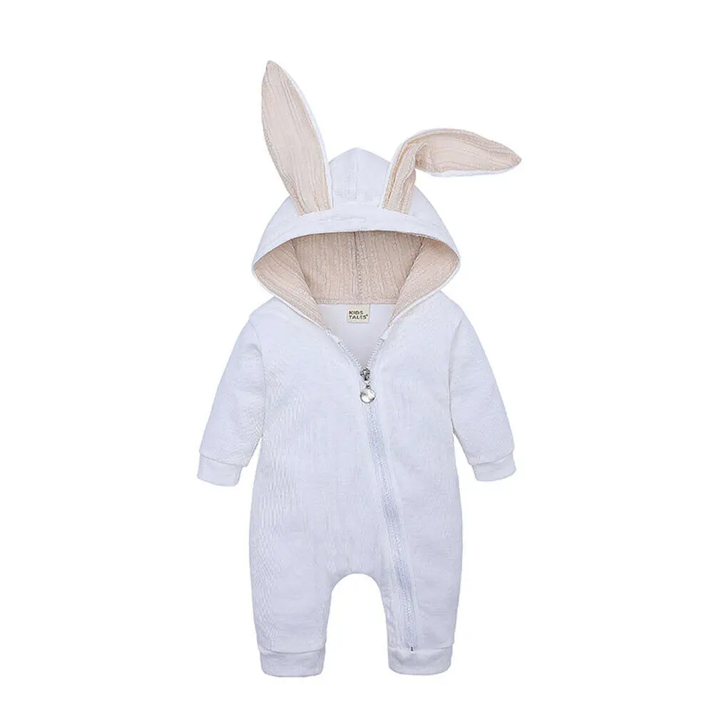 Комбинезон-кролик с длинными ушками и капюшоном для новорожденных мальчиков и девочек от 0 до 24 месяцев, комбинезон с кроликом, осенне-зимние костюмы для маленьких мальчиков и девочек - Цвет: Белый