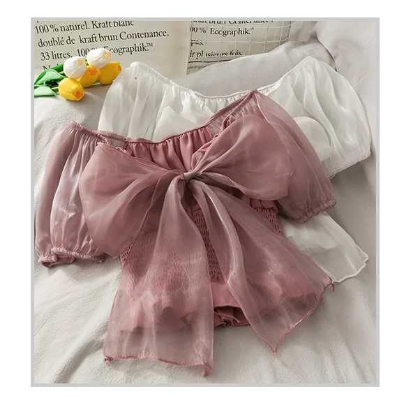 

2020 Summer Sweet Mesh Stitching Bow Tight Top Women's New Short-Sleeved Off-Shoulder Pleated Shirt Blouse Slim Copped Tops