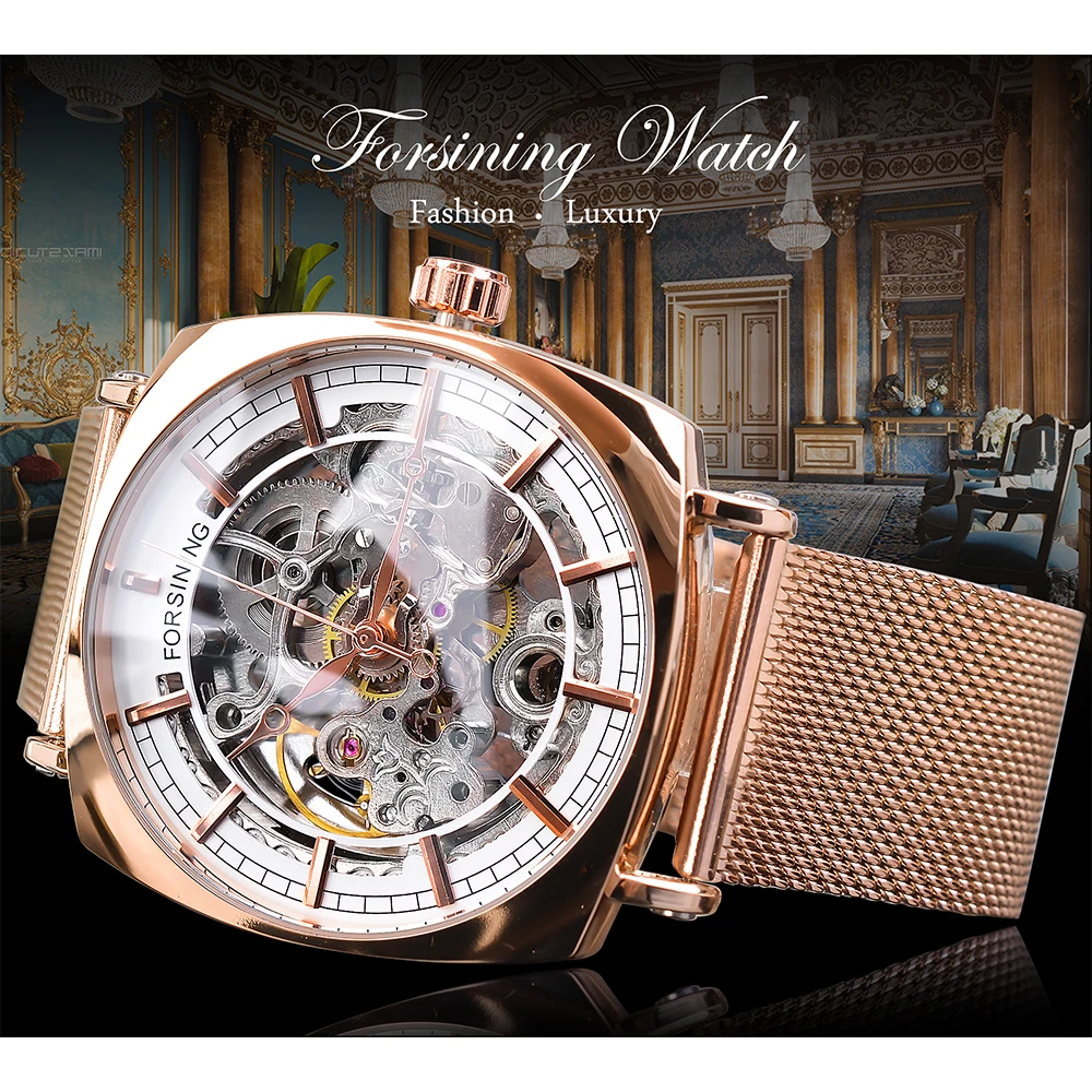 Forsining Top Brand Luxury Man Clock Fashion Mens Watch Casual Waterproof Rose Gold Mesh Skeleton Mechanical Wristwatches