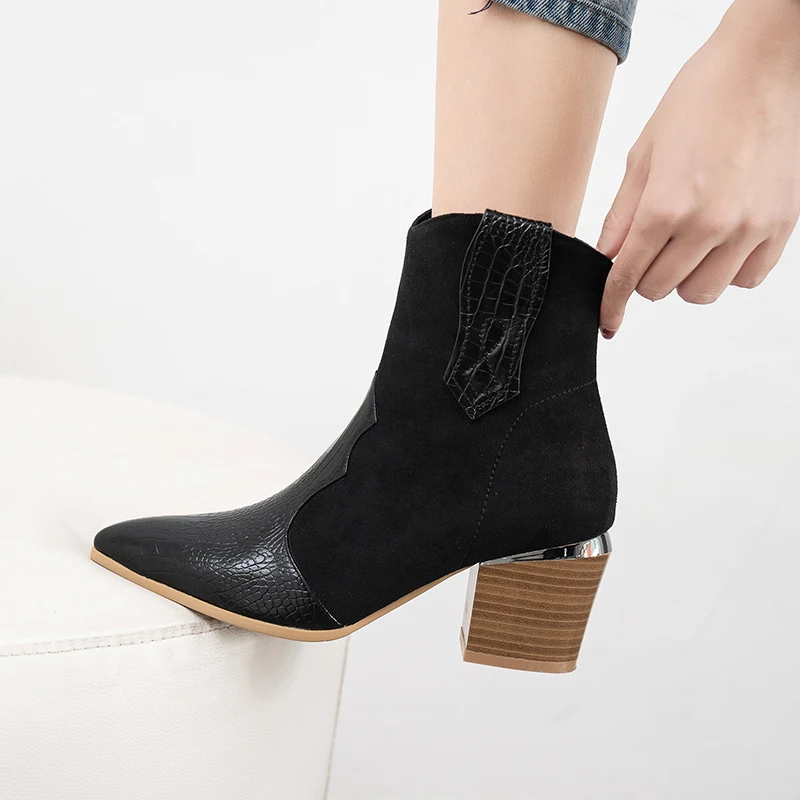 Модные ботильоны; осенние женские ботинки из искусственной кожи; ковбойские ботинки на высоком квадратном каблуке; зимняя обувь с острым носком на молнии; цвет черный, белый