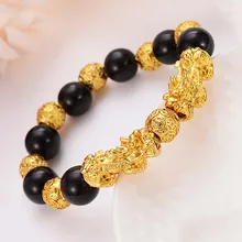Фэн Шуй обсидиан камень бусины браслет двухслойный Лава браслеты унисекс-браслет золотой черный Pixiu богатство и удача Wome(China)