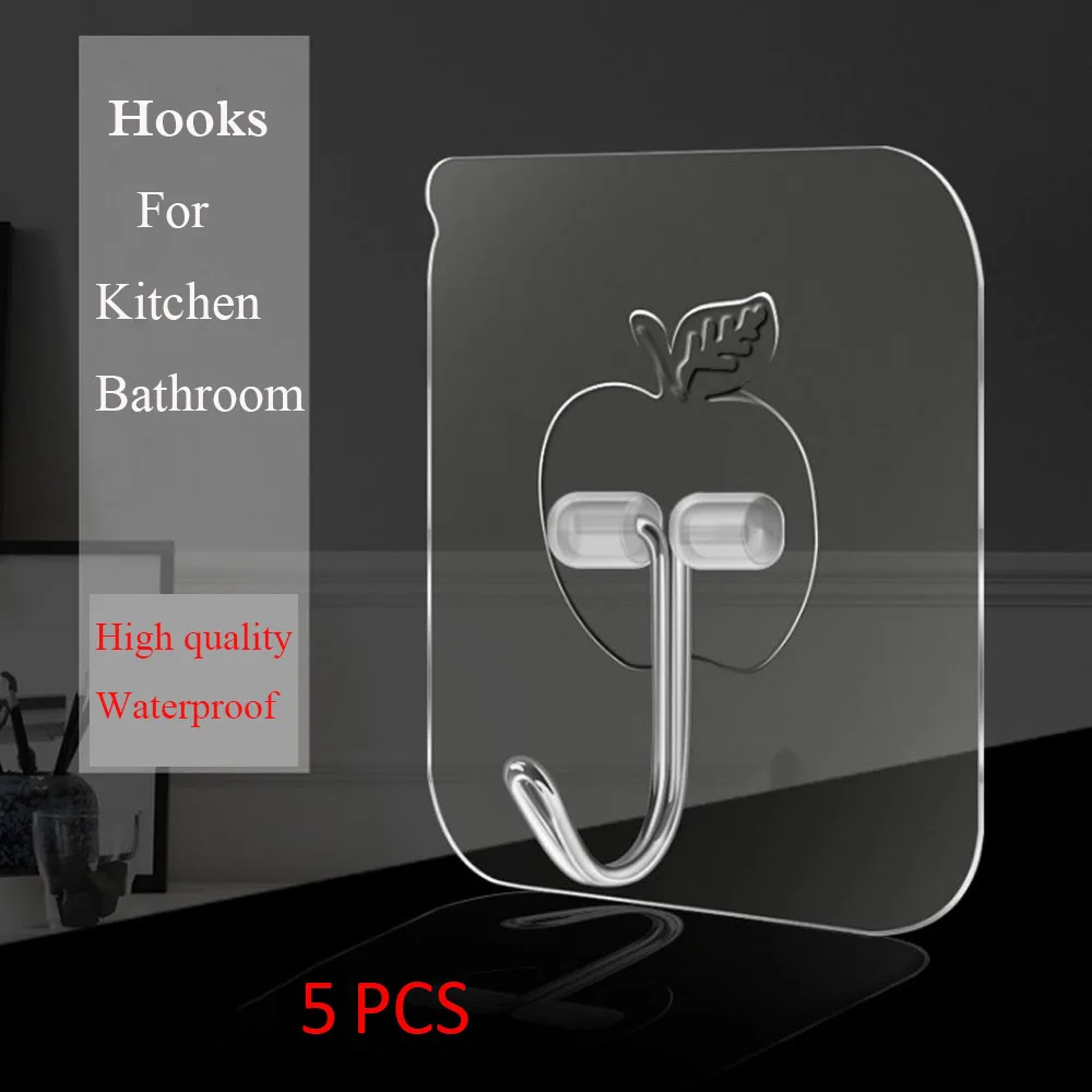 

5/10Pcs Stainless Steel Adhesive Hook Apple Shape Transparent Waterproof Kitchen Bathroom Strong Sticking Wall Hooks Hanger