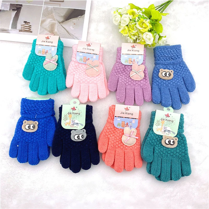 3-8 Years Kids Gloves Cartoon Bear Boys Girls Glove Winter Knitted Mitten Warm Thicken Mittens Velvet Thick Keep Finger Warm baby essential 