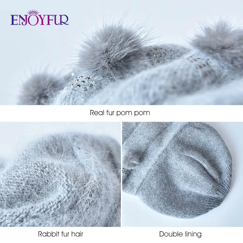 ENJOYFUR Women Winter Cashmere Knitted Hats Natural Mink Pompom Stripe Girl Bonnet Fashion Warm Female Outdoor New Brand Beanies 5