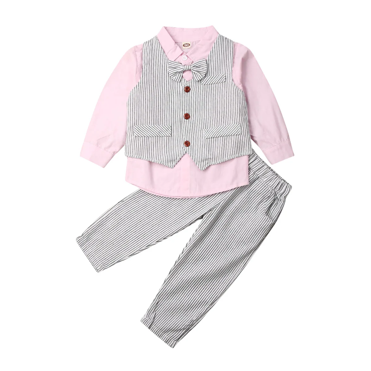 Весенне-осенняя одежда для малышей, 3 предмета, галстук для мальчика, футболка, жилет, топы+ штаны, Костюм Джентльмена, От 1 до 7 лет - Цвет: Розовый