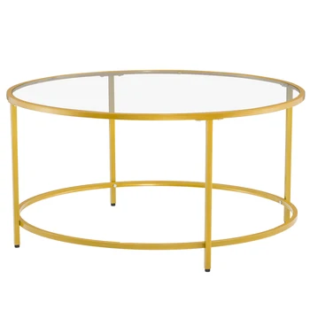 

[90 x 90 x 45]cm Simple Single-Layer Round Frame Glass Surface Coffee Table Side Table 90 Round Gold