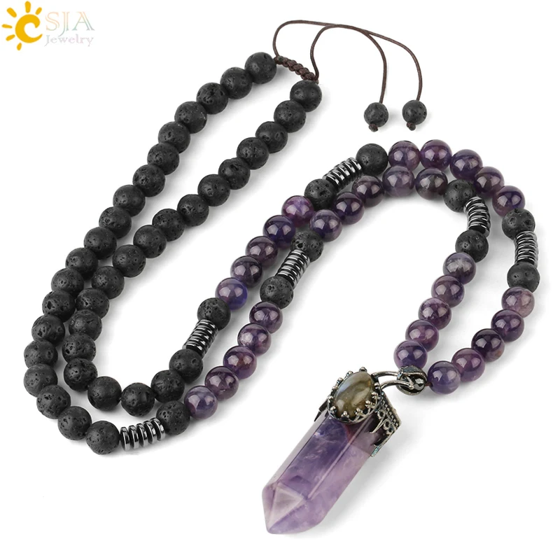 Amethyst CSJA длинное из натурального камня ожерелья античный серебряный цвет шестиугольник кулон в форме колонны Лава свитер с бисером цепи для женщин мужчин ювелирные изделия G311 - Окраска металла: Amethyst