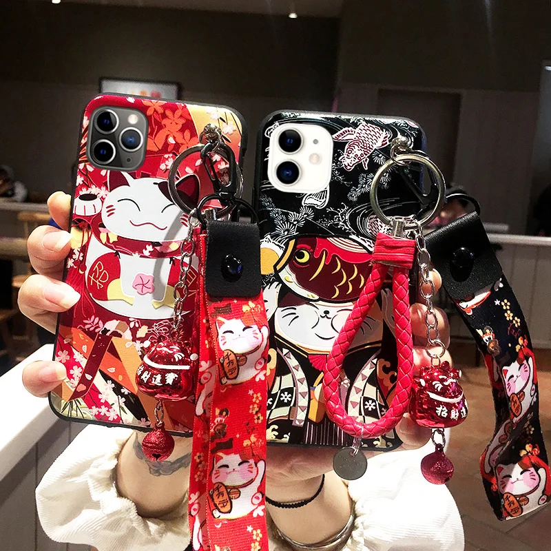 For iPhone 11 Pro Max Cute Lucky Cat Case Retro Relief Fortune back cover X XS XR 6 7 8plus +Straps |