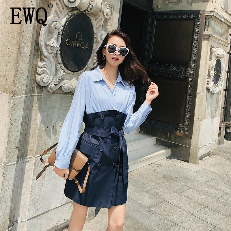 

[EWQ] 2019 Spring Autumn New Lapel Long Sleeve Hit Colors Patchwork Lace Up Double Breasted Vintage Windbreaker Women AH03205L