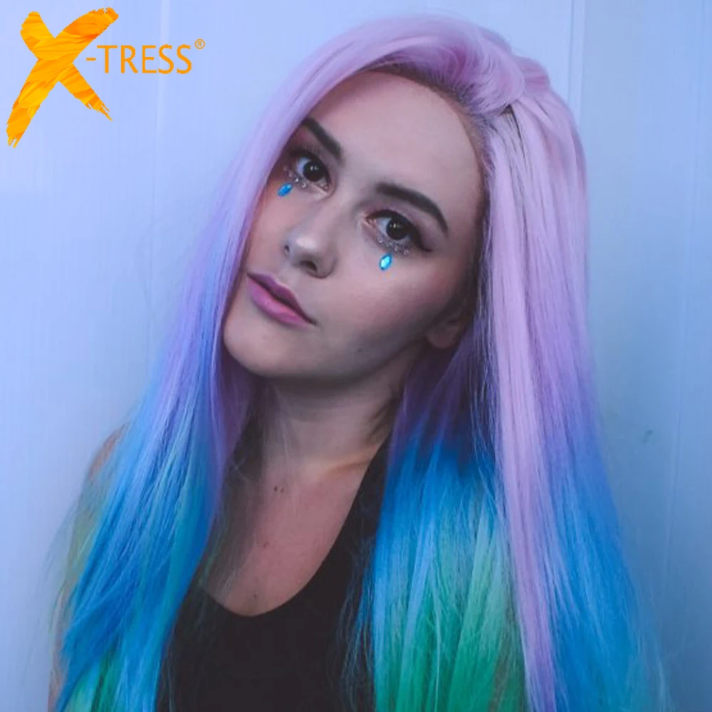 Ombre Pink Green Color Long Straight Lace Front Synthetic Hair Wigs Side Part X Tress Colorful Cosplay Lace Wig For Women Synthetic Lace Wigs Aliexpress