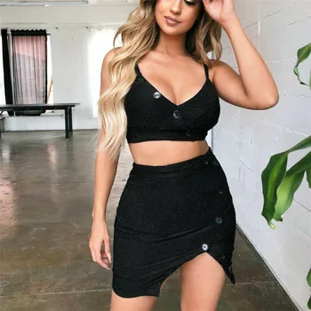 

Sexy V-neck Clubwear 2 Pieces Set Women Bodycon Crop Top and Skirt Set Clubwear Streetwear Suit Dropshipping
