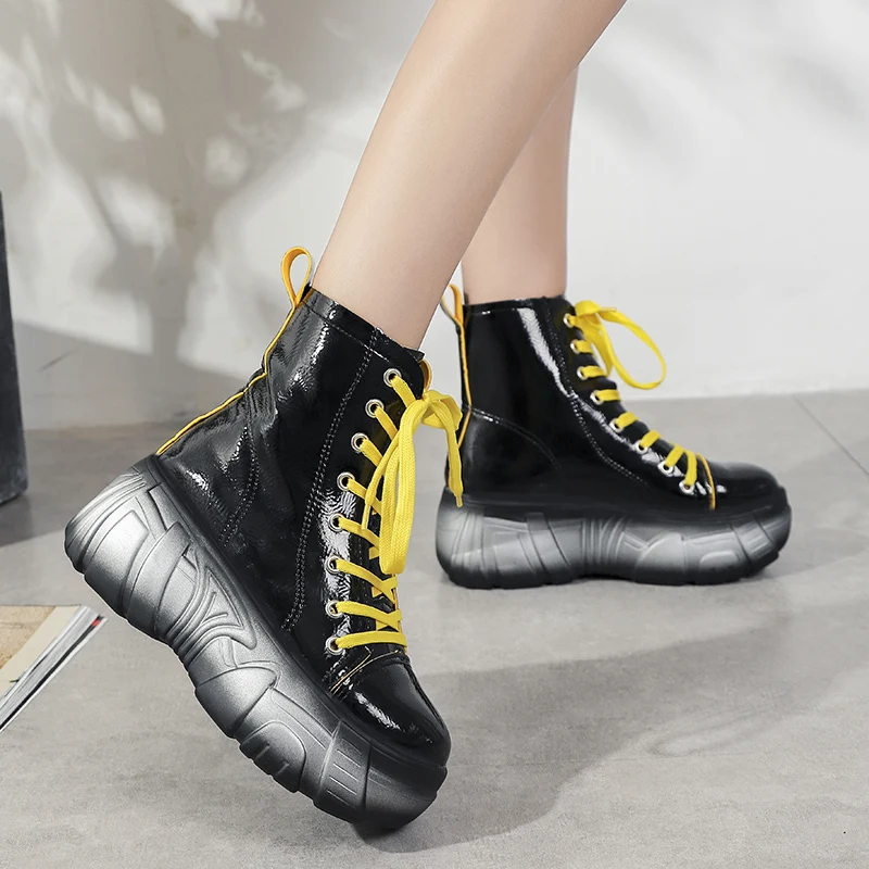 Rimocy/черные женские ботильоны из лакированной кожи на платформе; модные не сужающиеся книзу кроссовки; коллекция года; Осенняя женская обувь на шнуровке в Корейском стиле