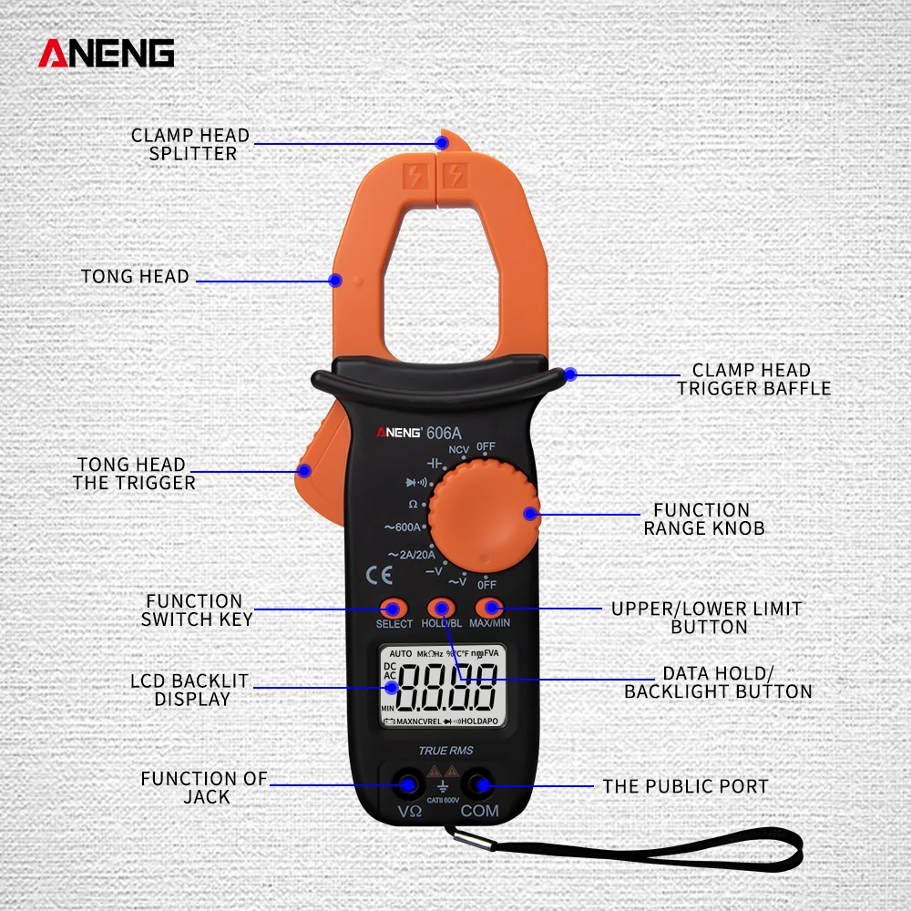 Черный ANENG 606A i цифровой токоизмерительный зажим переменного тока мультиметр 2000 отсчетов истинное сопротивление RMS емкость удобный ампермет - Цвет: Черный