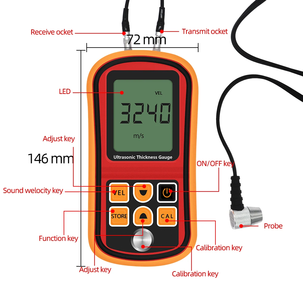 Ultrasonic Thickness Gauge 1.2-220mm Steel Thickness Car Paint Testing