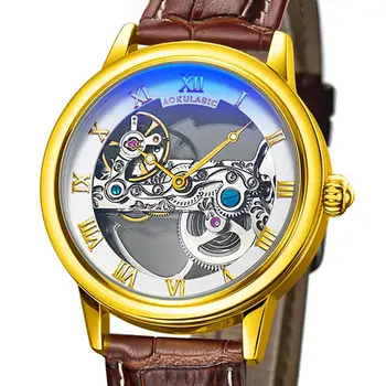 

Transparent Skeleton Automatic Mechanical Watch Men Rose Gold Golden Turbillon Brown Watch Genuine Leather Male Tourbillon Clock