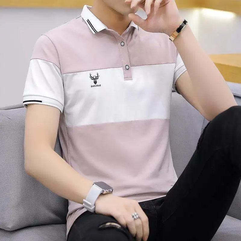 

2019 Summer Guitar Striped Stand Collar T-Shirt Shirt Men's Short Sleeve Casual Men's Shirt Slim T-Shirt Men's Cotton Men's T-Sh