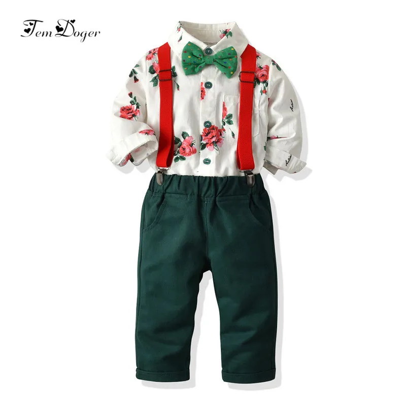 Tem doger/комплекты одежды для маленьких мальчиков осенняя одежда для новорожденных мальчиков топы с длинными рукавами и цветочным рисунком+ комбинезоны, 2 предмета, Одежда для новорожденных