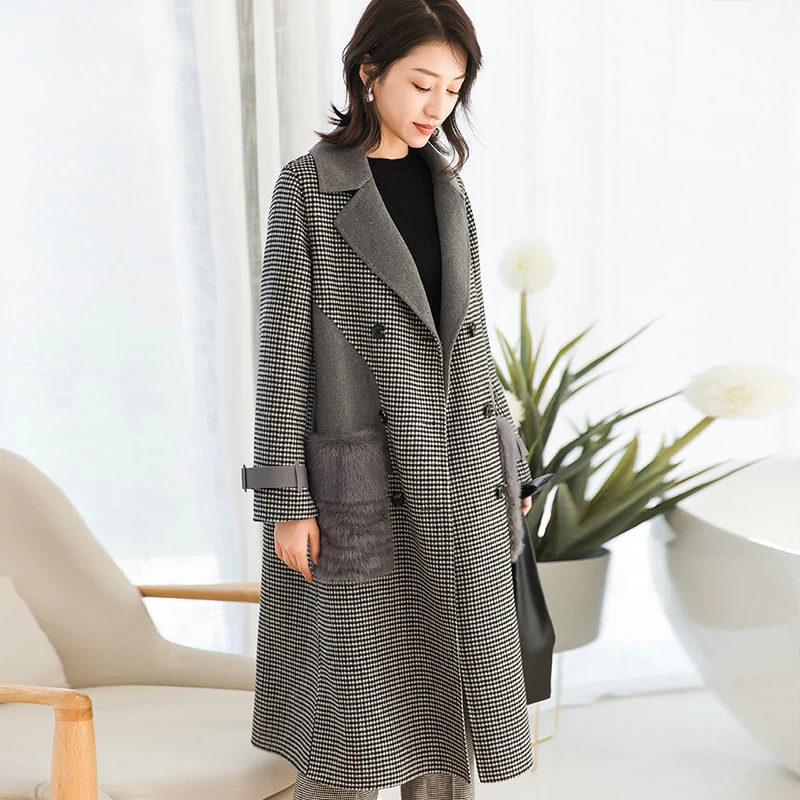 

Korean Style Women Wool Coat Long Autumn Winter Jackets Natural Mink Fur Pockets Plaid Woolens Overcoat 38026 WYQ1772