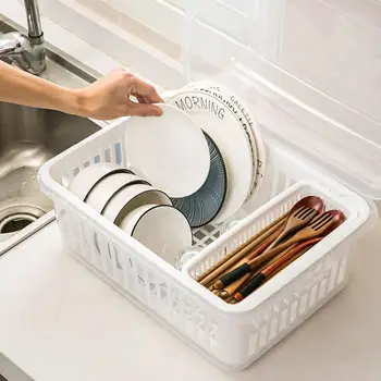 

Transparent Dish Storage Box With Lid Kitchen Cabinet Sink Drain Rack Shelf