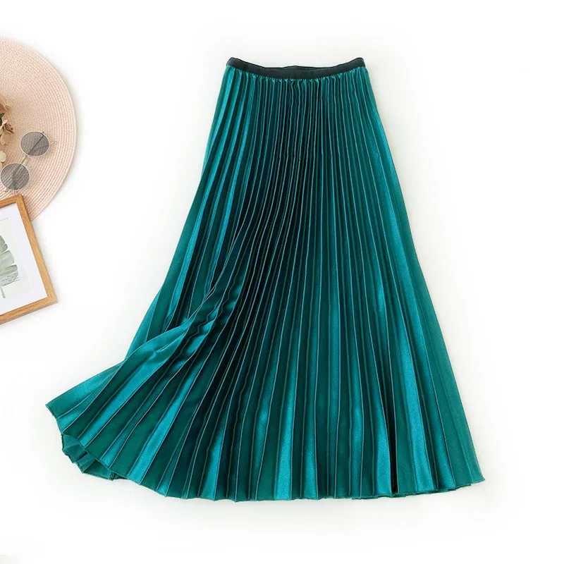 

Autumn Winter Metallic Skirts Women European Vintage Female Midi Skirt High Waist Elastic Pleated Skirts for Women Faldas Saias