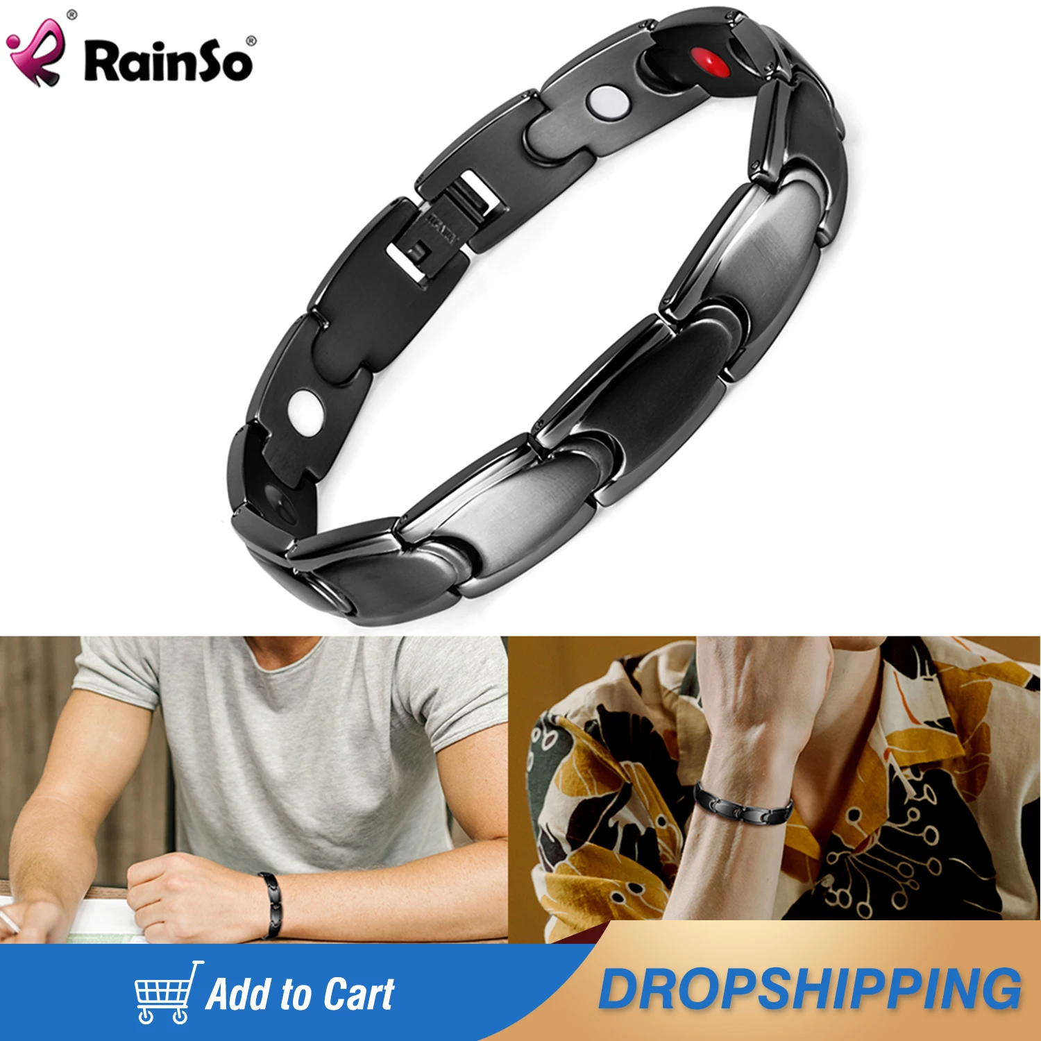 Rainso Healing Magnetic Bracelet For Men Woman 316L Stainless Steel Bracelet 4in1 Elements Bangles Chain & Link Bracelets Viking