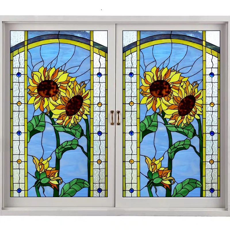 Custom Size Stained Glass Films Frosted Privacy Window Static Cling Color  printing Vintage Floral Colorful Window Door Sticker