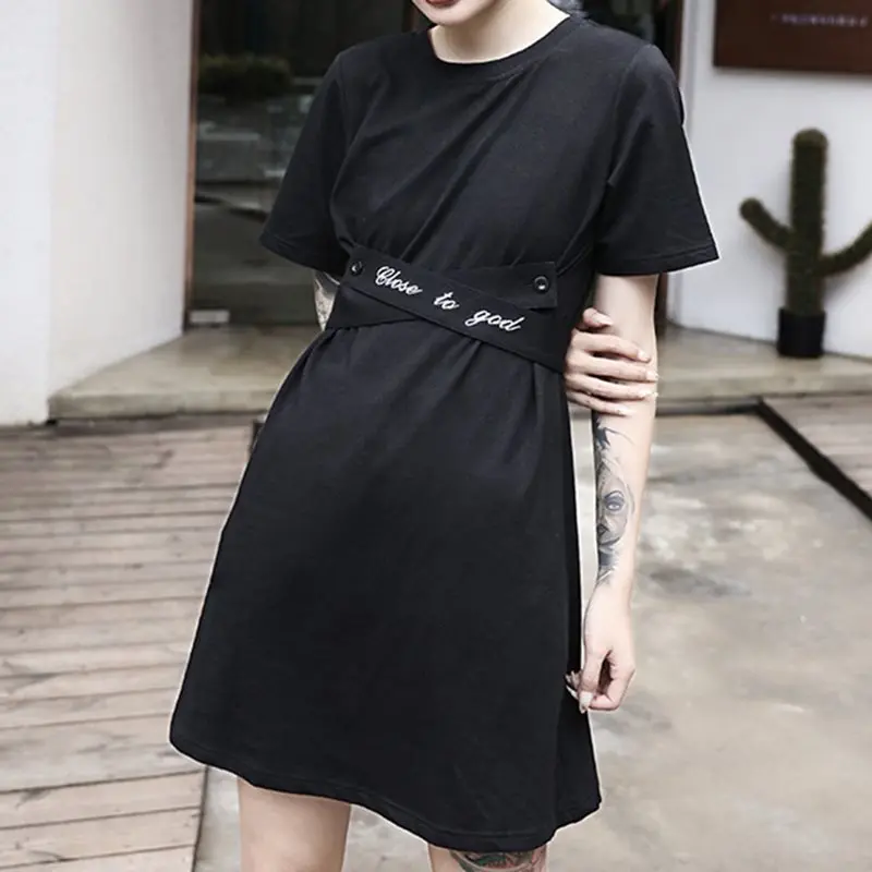 

Gothic Punk Black embroidery A Line Mini Dress Women Standard-Waist Hip Hop School Girl Goth Harajuku Casual Robe 2019 Hot Sale