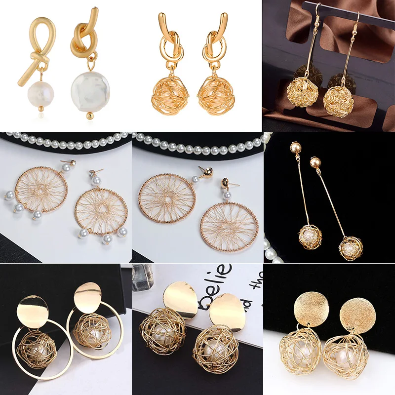 

Women Simple Handmade Romantic Earring Gold Metal Knotted Wound Hollow Pearl Inner Pearl Earrings