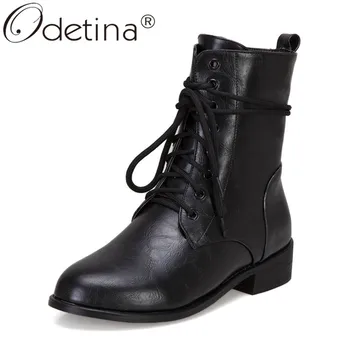

Odetina New Womens Cuban Chunky Low Heel Combat Boots Ladies Autumn Winter Shoes Comfort Ankle Boots Lace Up Strap Plus Size 48