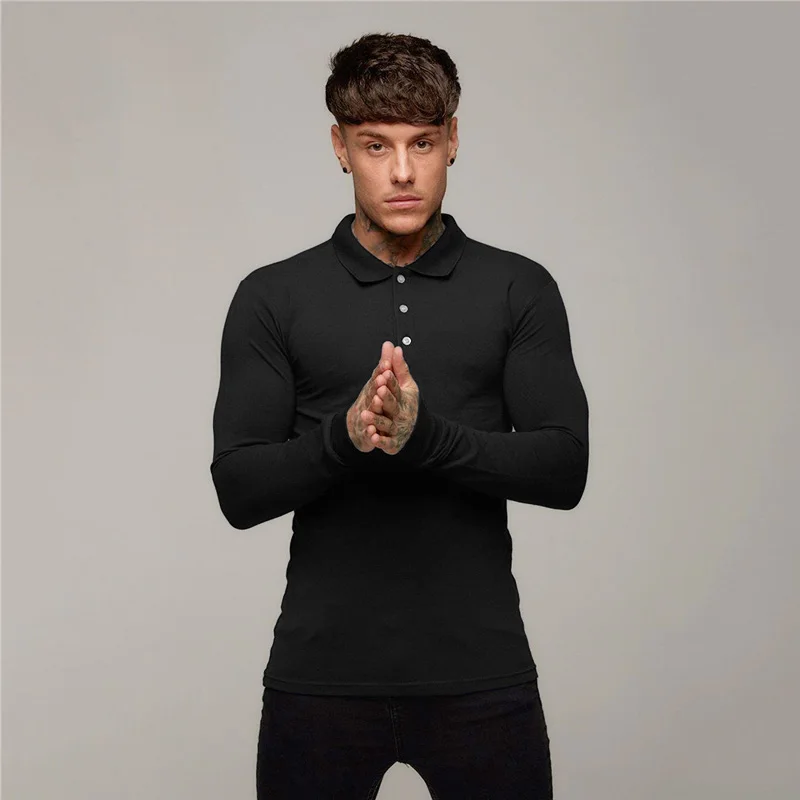 Mens Polo-Shirts Slim-Fit Running Long Sleeve T-shirt Man Cotton Sports Brand Fitness Tshirt Autumn Breathable Gym Polo Shirt