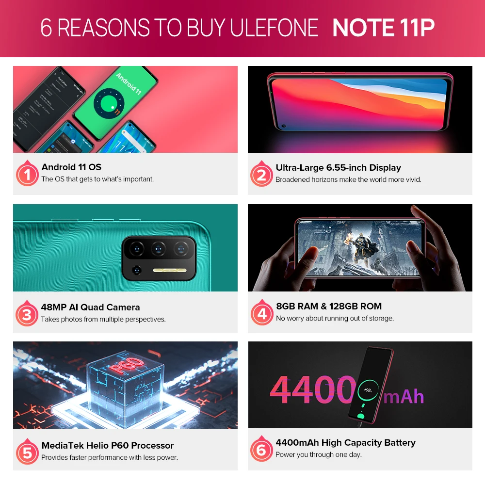Ulefone Note 11P Smartphone Android 11 OS 8GB + 128GB 4400mAh Battery 6.55-inch HD+ Helio P60 Processor Original  CellPhone 3