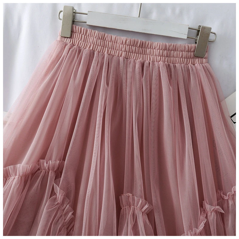 Модная сетчатая однотонная бальная юбка, Женская Корейская юбка Ulzzang с высокой талией, длина до середины икры, трапециевидная элегантная женская юбка