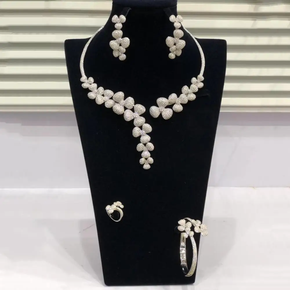 

GODKI Sparkling Trendy Flower Charms 4Pcs Chokers Necklace Earring Bangle Ring Sets Luxury Nigerian Dubai Jewelry Sets For Women Cubic Zircon Wedding Bridal Jewelry Sets 2019