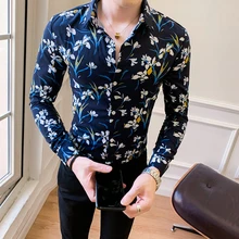 Camisa Inverno Masculina, Повседневная рубашка с принтом, мужские облегающие вечерние рубашки, рубашка с длинным рукавом, Клубная рубашка на выпускной, Chemise Homme Manche Longue
