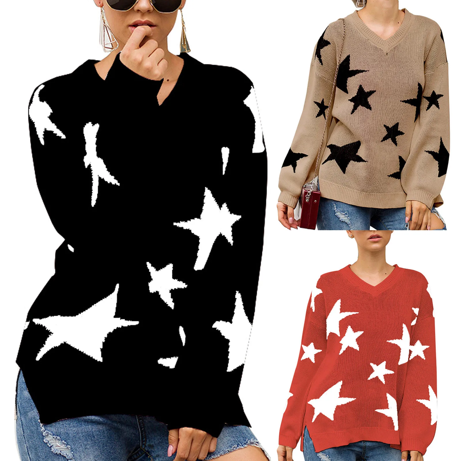 

2020 Pullover Sweater Knitted Women Winter Warm V-Neck Lantern Long Sleeve Star Split Knit Sweater Casual Top q5