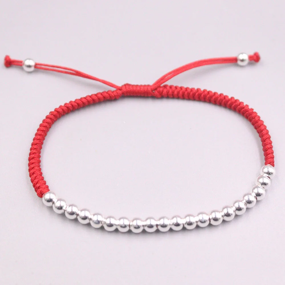 

New Pure 925 Sterling Silver Lovely 4mm Smooth Bead with Red Rope Bracelet for Woman