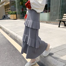 Qiukichonson, вязанная осенне-зимняя Длинная женская юбка,, корейская мода, с оборками, высокая талия, милая, для девушек, многослойная юбка средней длины
