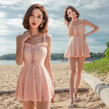 

Brazilian Biquini Monokini Swimsuit One Piece For Women Fused With Ruffles Uniform Skirt Cover Sexy Large Size Swimwear Korean