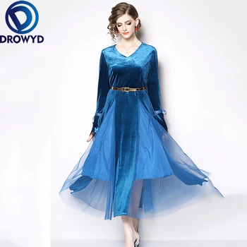 

DROWYD Queen Elegant Blue Midi Banquet Dress Women Winter Fashion Girl Boho Long Sleeve V-neck Dress Club Party Dresses Vestidos