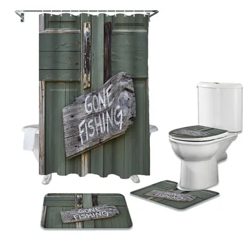 

Wooden Door Handle Fishing Close Shower Curtains Set Bath Mat Set Toilet Cover Waterproof Bathroom Shower Curtain and Rug Sets