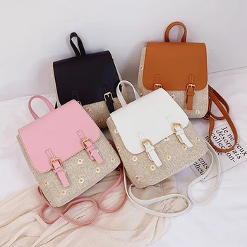 

Little Daisy Women's Straw Bag Fashion Woven Leather Backpack Student School Bag Travel Beach Backpack